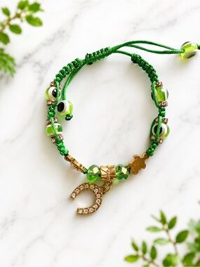 Green Crystal Horseshoe Charm Braided Bracelet